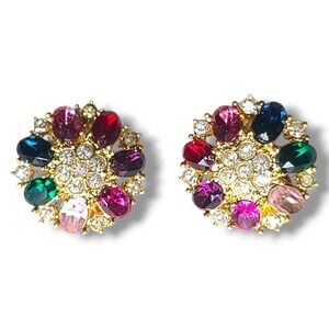 Vintage Roman Multi Color Rhinestone Clip On Earrings Gold Tone Cluster